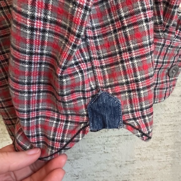 VTG Two Stoned Red Plaid Flannel Button Up Shirt Sz L Denim Elbow Patches Trim - Picture 7 of 15